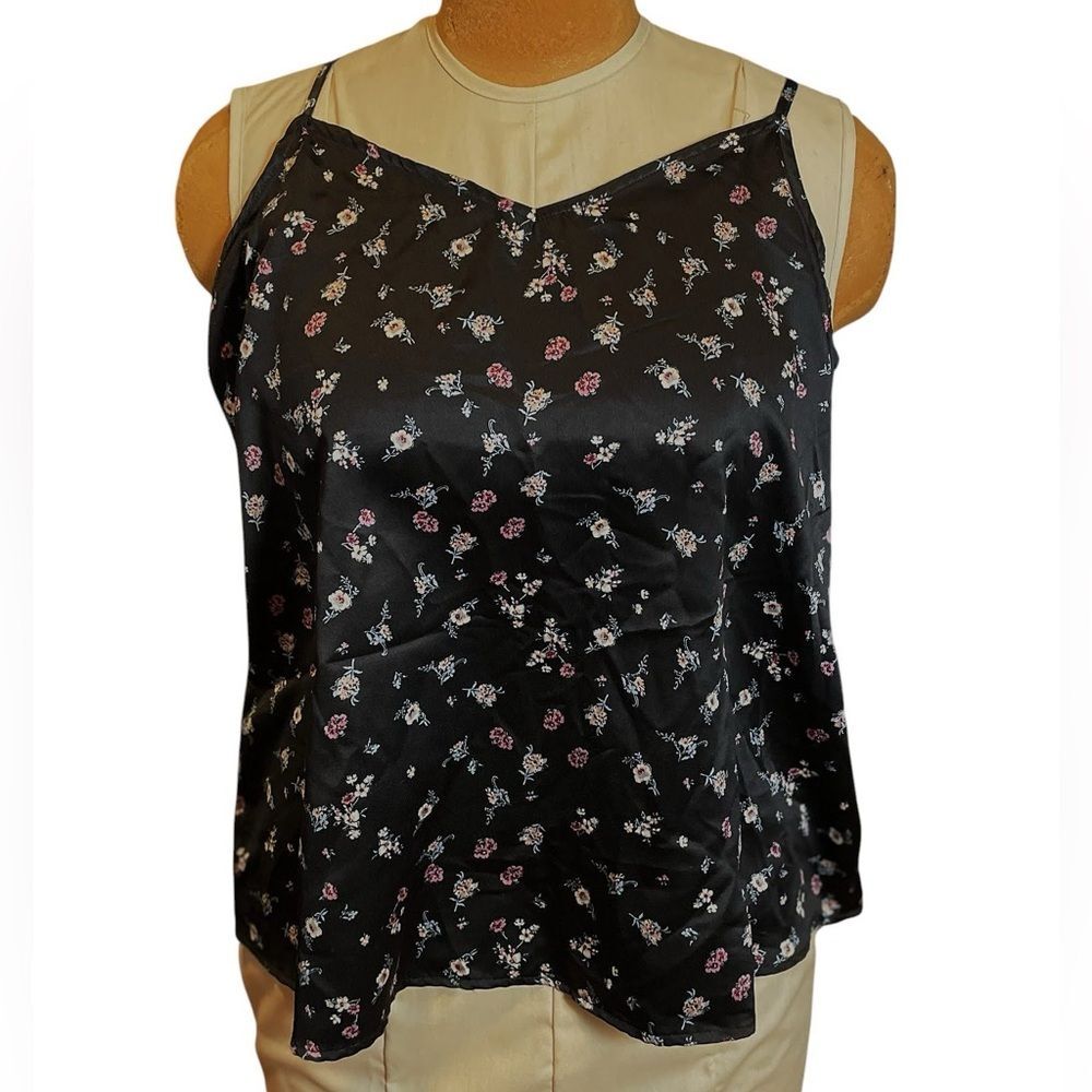 Vtg style Floral Black Camisole Top shiny sleek L Large flowers wild fable tank